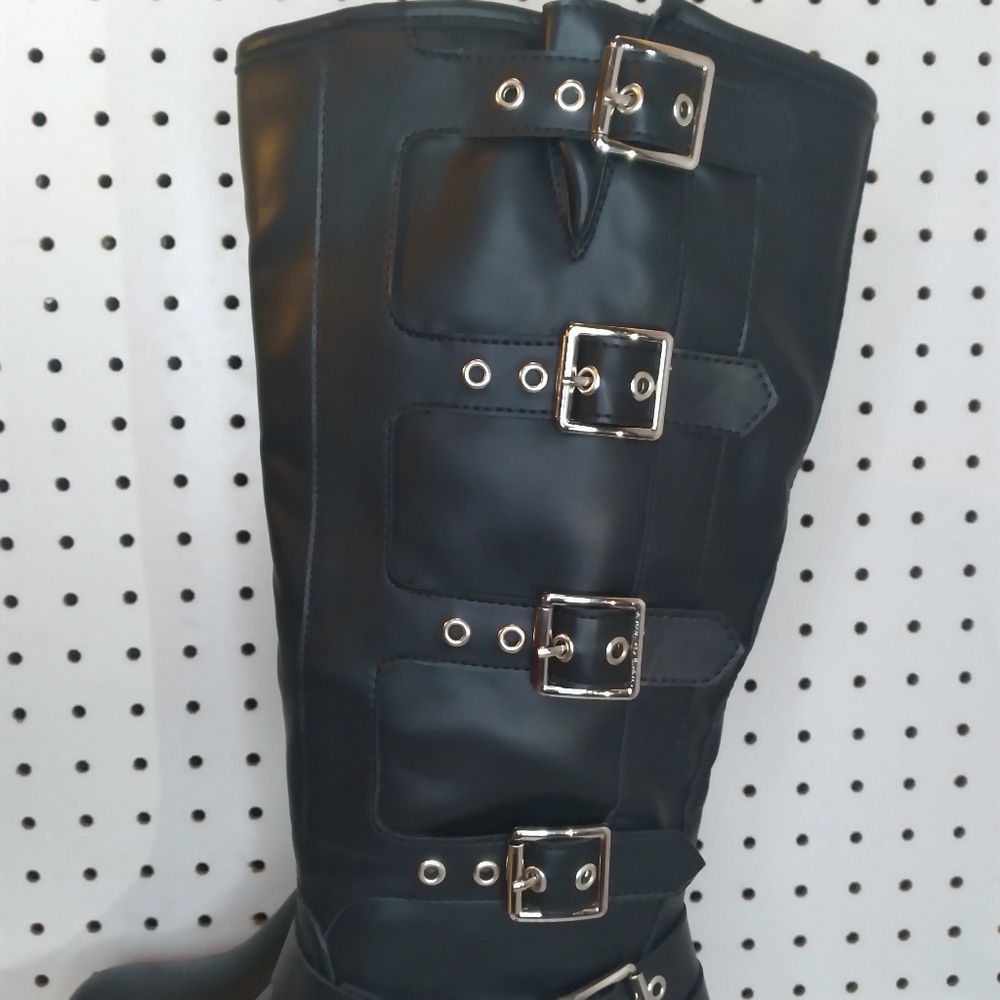 Women's 12.5" Knee High Moto Boots Buckle Strap Gothic Low Chunky Platform Black - Picture 3 of 10